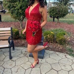 Red dress short beaded homecoming dress